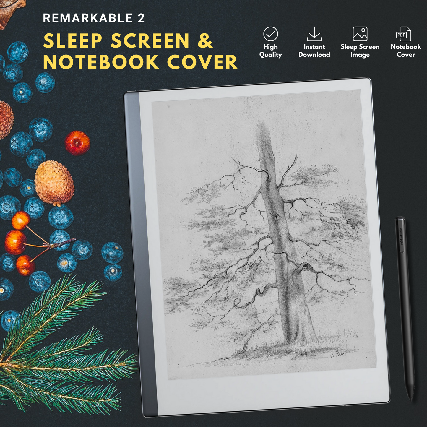 Remarkable 2 Sleep Screen & Notebook Cover Artwork - Original Hand-Rendered Tree Drawings