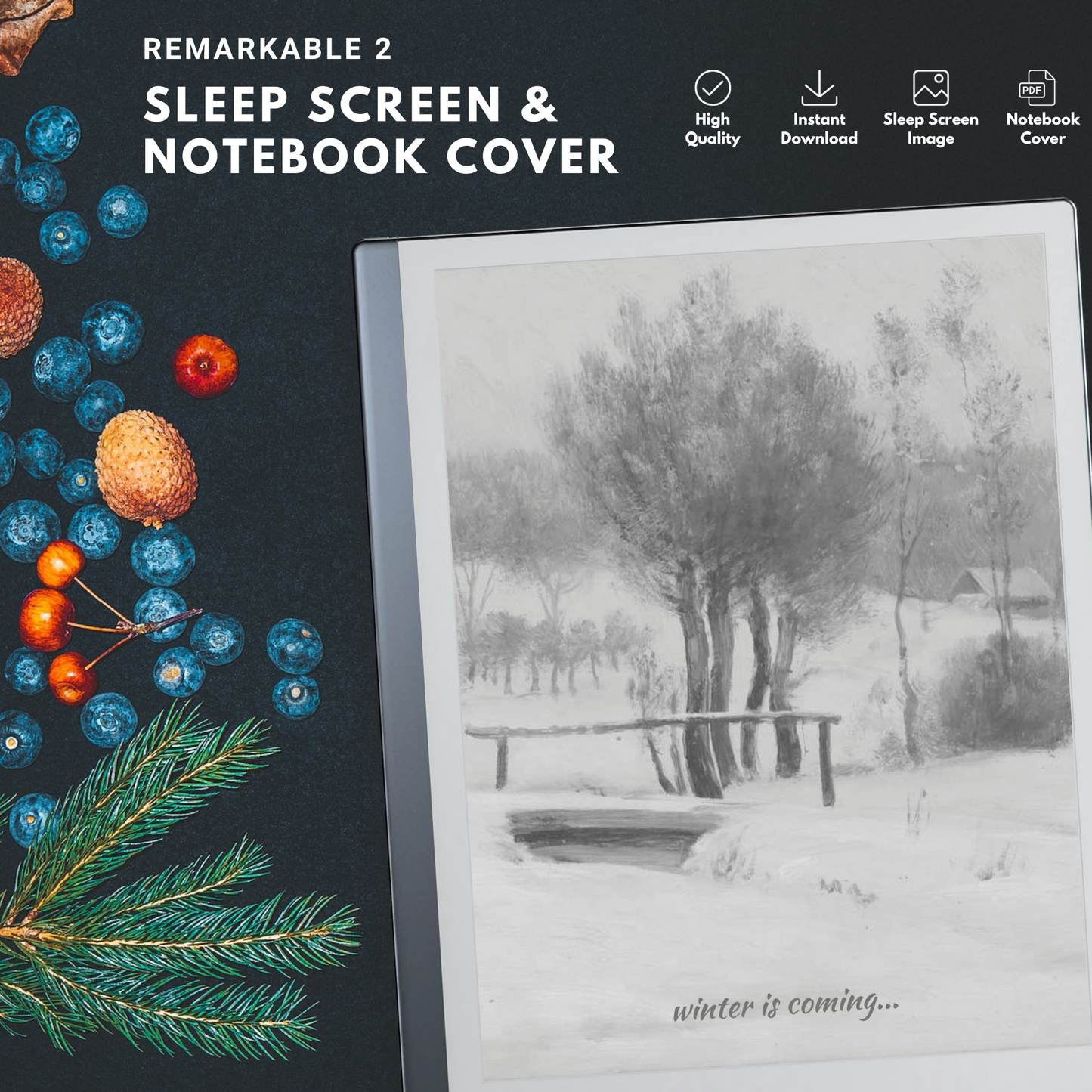 This is a Digital Download of Christmas Sleep Screen and Notebook Cover designed exclusively for Remarkable 2.
