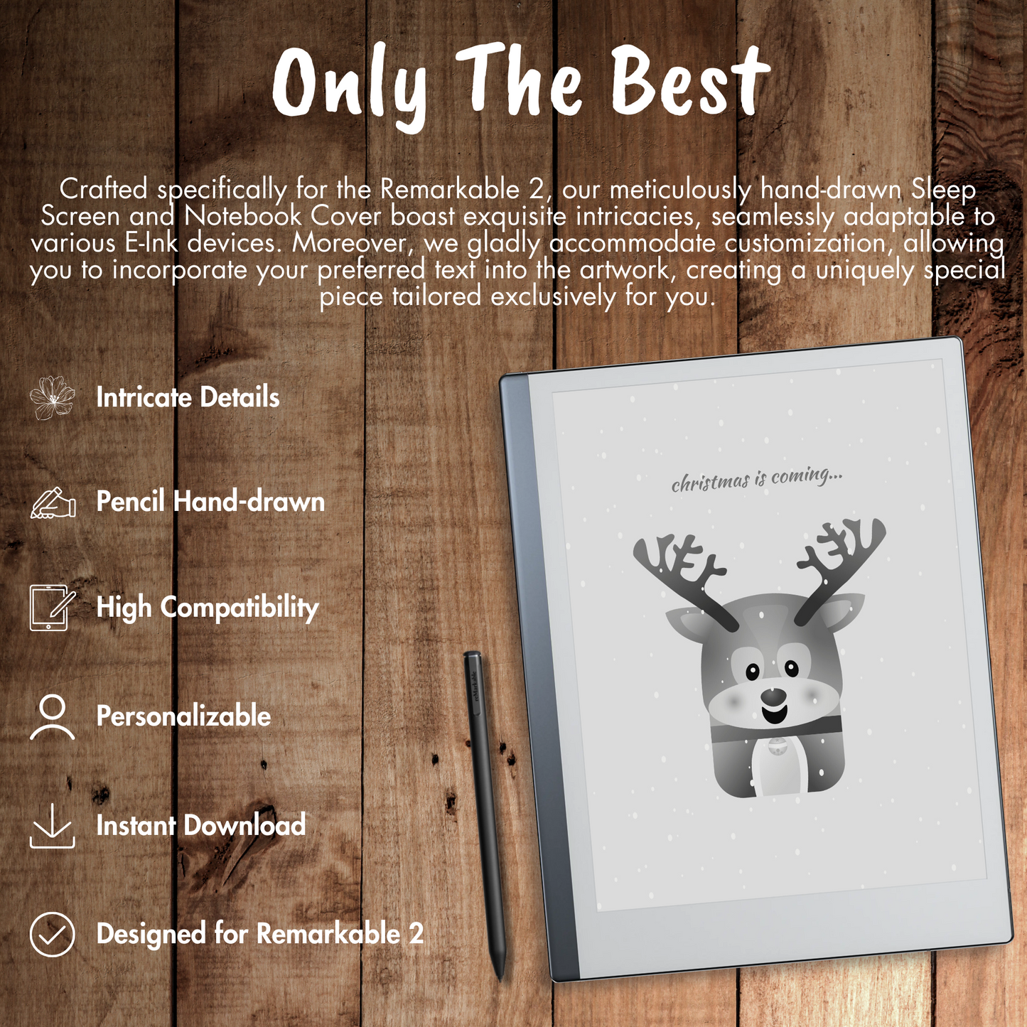 Elevate your Christmas cheer with our PREMIUM Remarkable 2 Sleep Screen & Notebook Cover Artwork. Instantly download personalized, intricately detailed hand-drawn images that beautifully capture the enchantment of the season. Customize your sleep experience with heartwarming scenes, ensuring a cozy and delightful rest during this joyful time of the year.