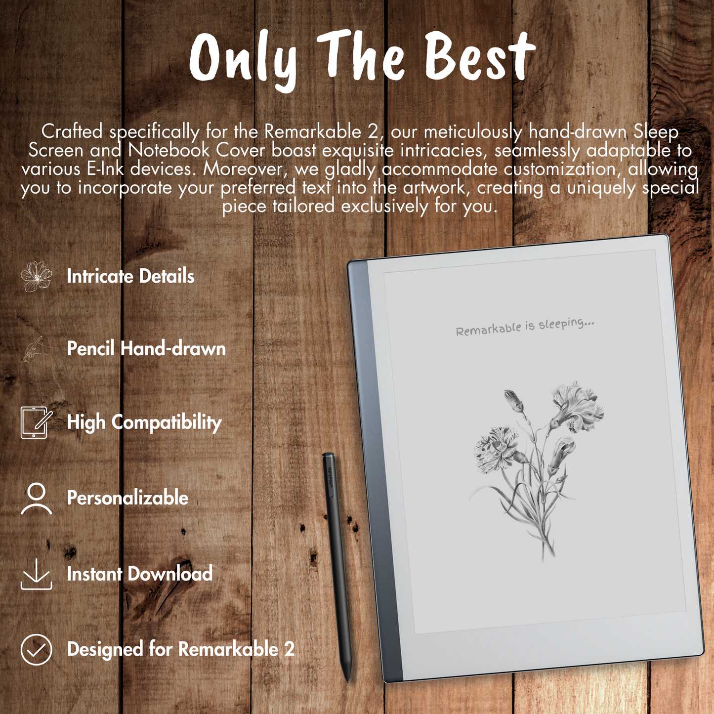 Our meticulously hand-drawn Sleep Screen and Notebook Cover boast exquisite intricacies, seamlessly adaptable to various E-Ink devices. Moreover, we gladly accommodate customization, allowing you to incorporate your preferred text into the artwork, creating a uniquely special piece tailored exclusively for you.