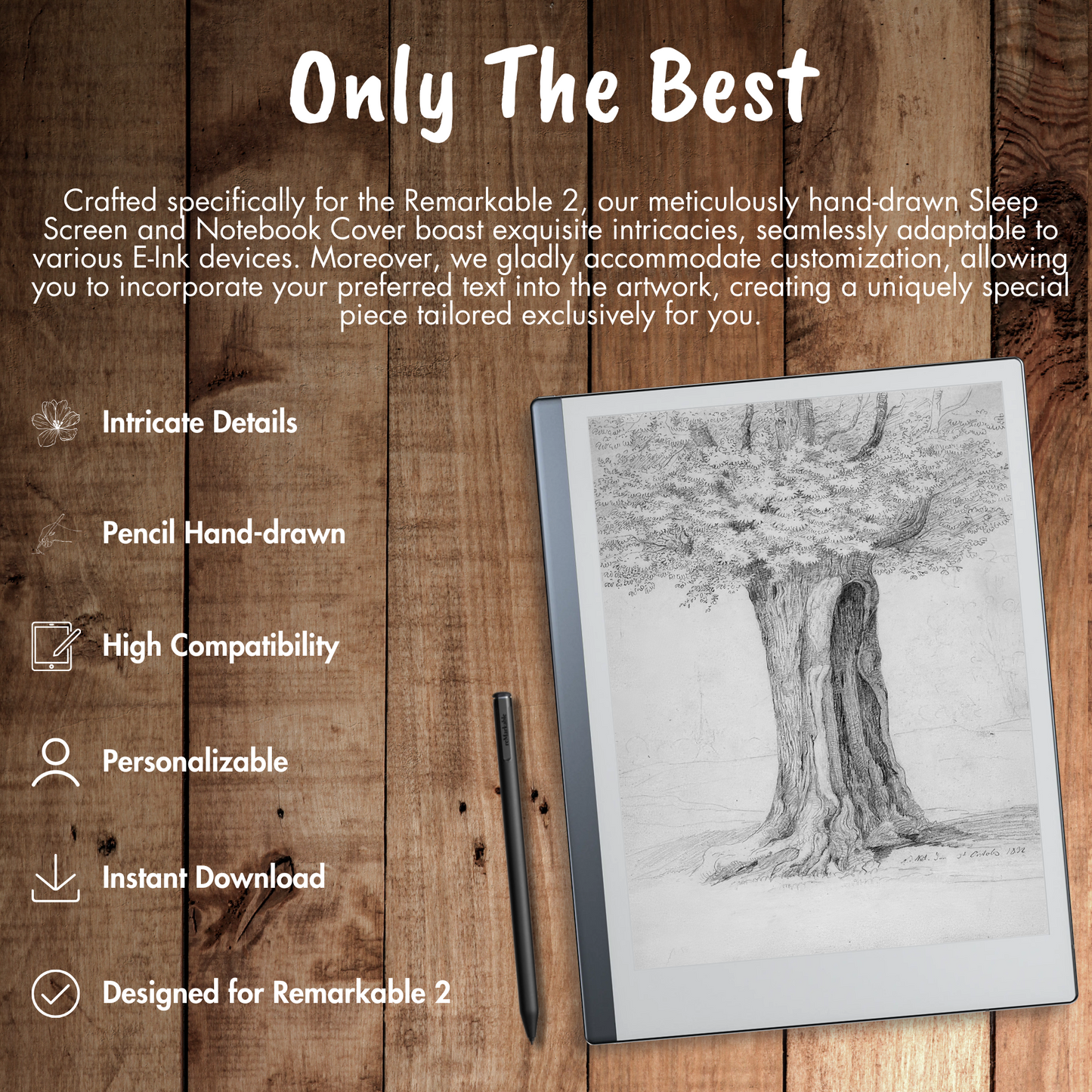 Our meticulously hand-drawn Sleep Screen and Notebook Cover boast exquisite intricacies, seamlessly adaptable to various E-Ink devices. Moreover, we gladly accommodate customization, allowing you to incorporate your preferred text into the artwork, creating a uniquely special piece tailored exclusively for you.