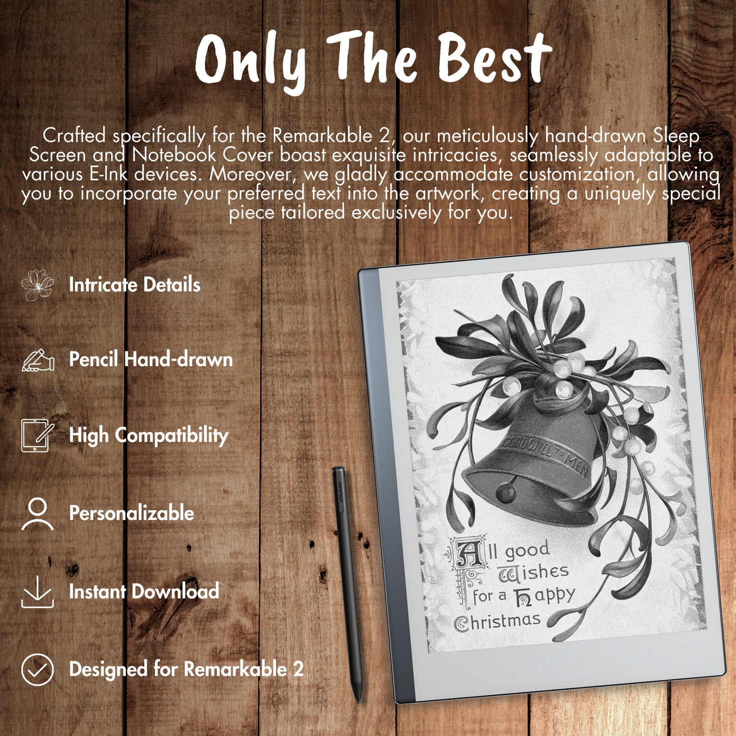 Elevate your Christmas cheer with our PREMIUM Remarkable 2 Sleep Screen & Notebook Cover Artwork. Instantly download personalized, intricately detailed hand-drawn images that beautifully capture the enchantment of the season. Customize your sleep experience with heartwarming scenes, ensuring a cozy and delightful rest during this joyful time of the year.