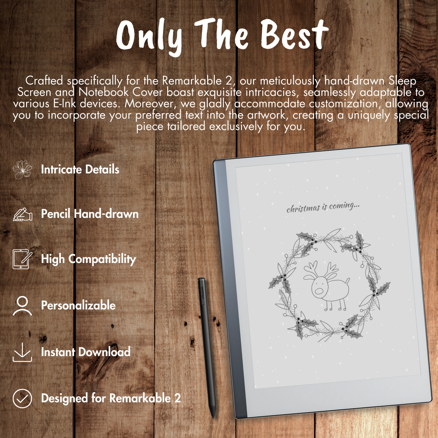 Elevate your Christmas cheer with our PREMIUM Remarkable 2 Sleep Screen & Notebook Cover Artwork. Instantly download personalized, intricately detailed hand-drawn images that beautifully capture the enchantment of the season. Customize your sleep experience with heartwarming scenes, ensuring a cozy and delightful rest during this joyful time of the year.