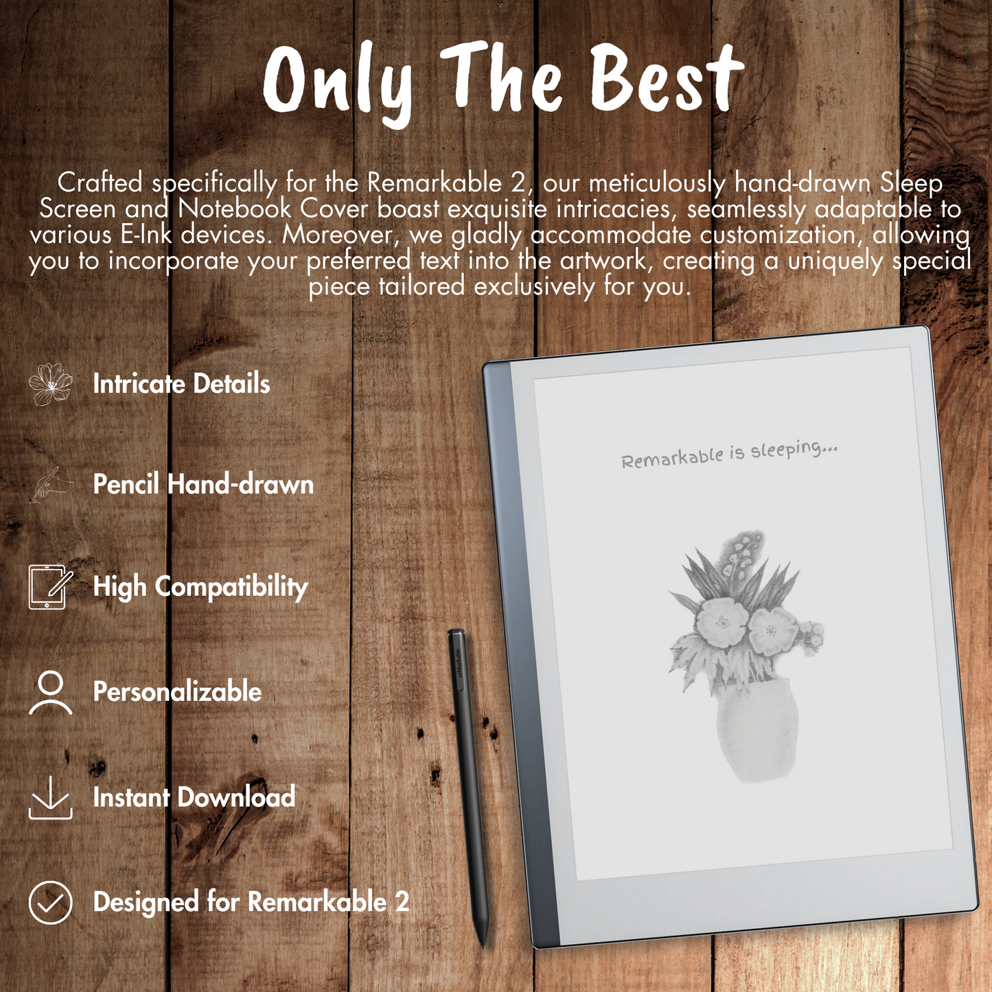 Our meticulously hand-drawn Sleep Screen and Notebook Cover boast exquisite intricacies, seamlessly adaptable to various E-Ink devices. Moreover, we gladly accommodate customization, allowing you to incorporate your preferred text into the artwork, creating a uniquely special piece tailored exclusively for you.
