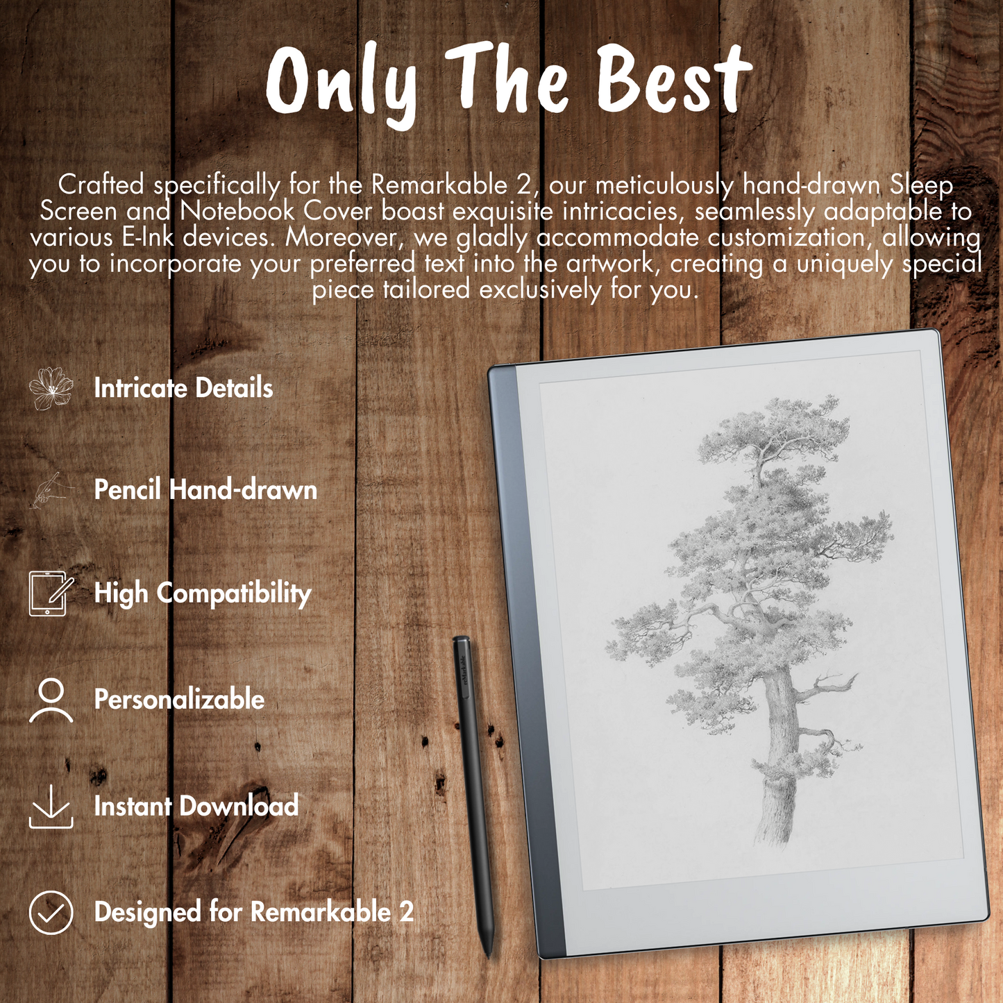 Our meticulously hand-drawn Sleep Screen and Notebook Cover boast exquisite intricacies, seamlessly adaptable to various E-Ink devices. Moreover, we gladly accommodate customization, allowing you to incorporate your preferred text into the artwork, creating a uniquely special piece tailored exclusively for you.