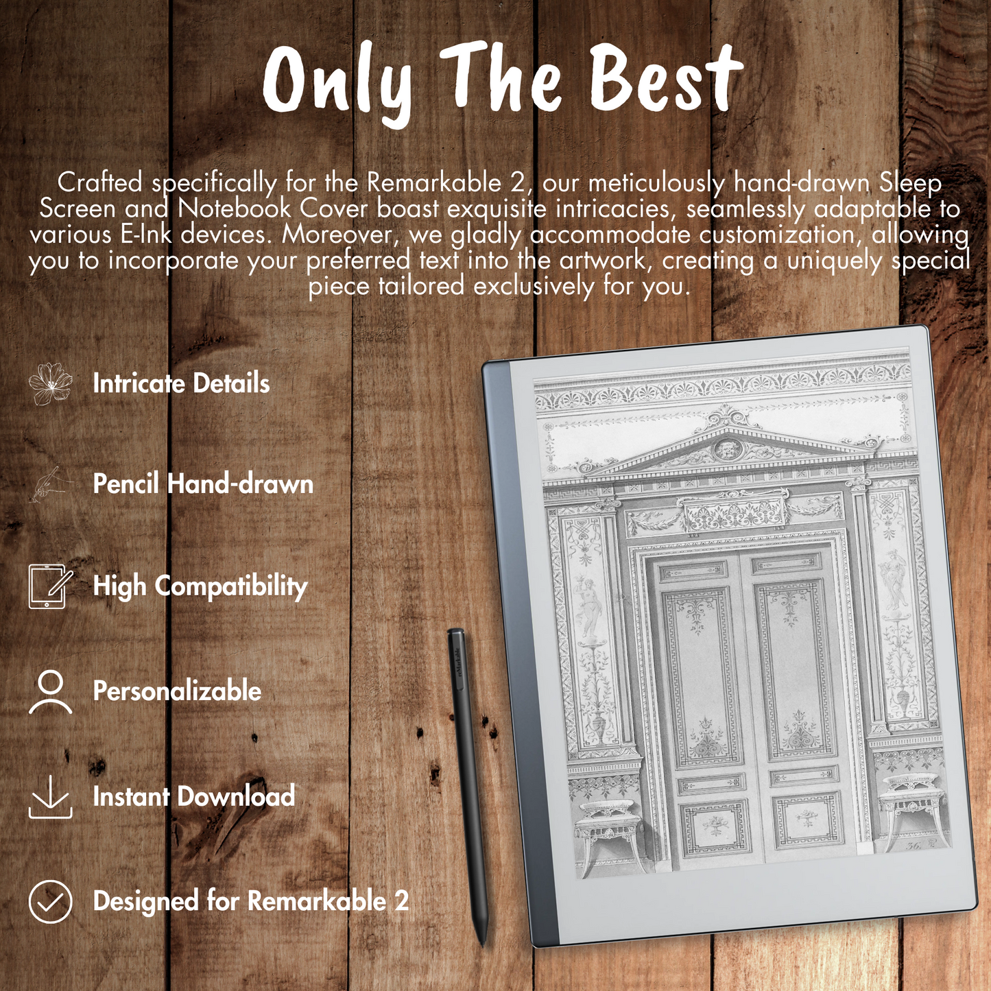 Our meticulously hand-drawn Sleep Screen and Notebook Cover boast exquisite intricacies, seamlessly adaptable to various E-Ink devices. Moreover, we gladly accommodate customization, allowing you to incorporate your preferred text into the artwork, creating a uniquely special piece tailored exclusively for you.