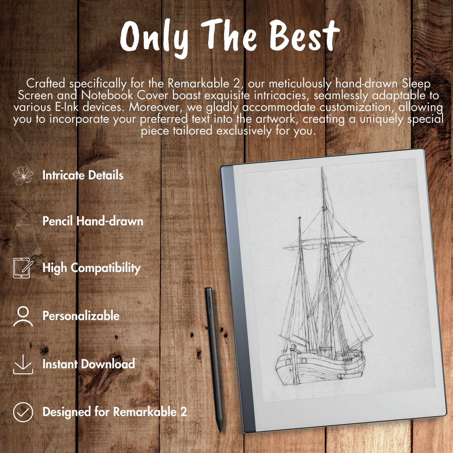 Our meticulously hand-drawn Sleep Screen and Notebook Cover boast exquisite intricacies, seamlessly adaptable to various E-Ink devices. Moreover, we gladly accommodate customization, allowing you to incorporate your preferred text into the artwork, creating a uniquely special piece tailored exclusively for you.