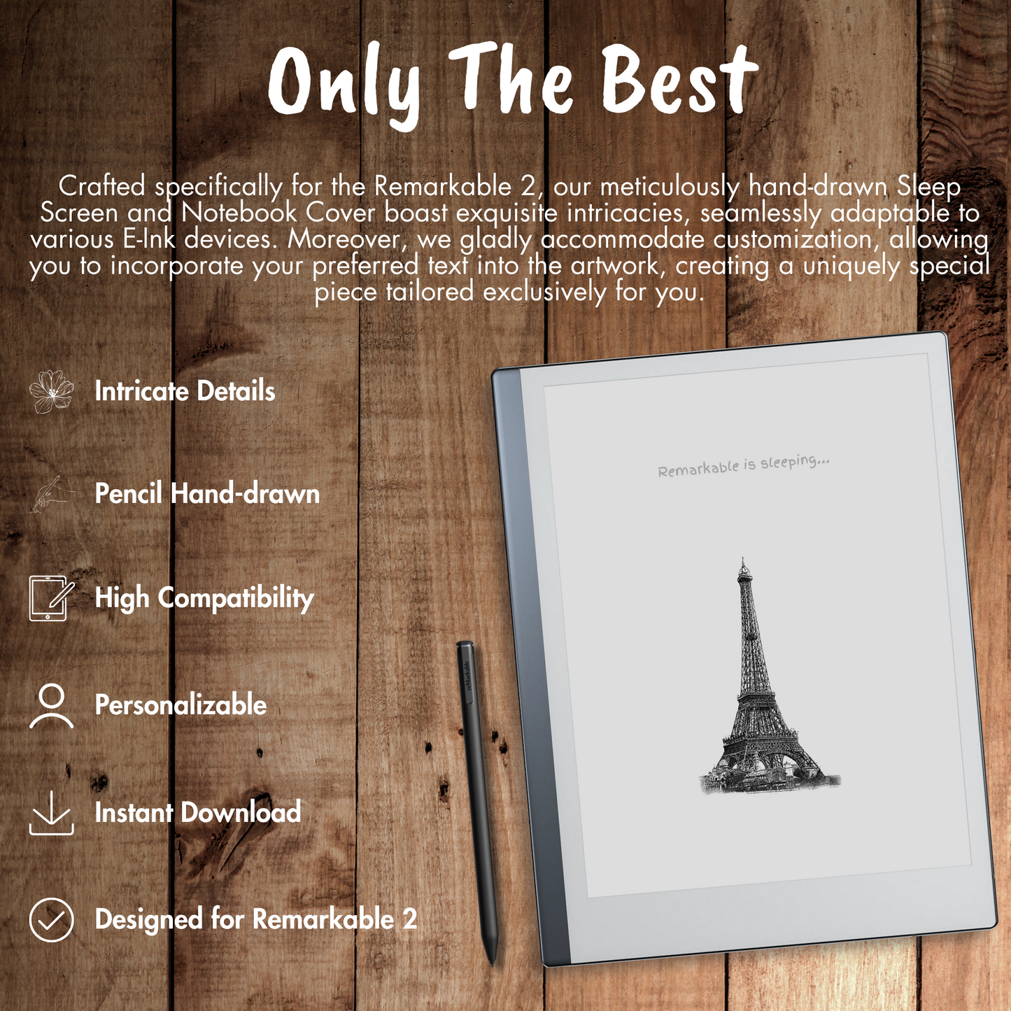 Our meticulously hand-drawn Sleep Screen and Notebook Cover boast exquisite intricacies, seamlessly adaptable to various E-Ink devices. Moreover, we gladly accommodate customization, allowing you to incorporate your preferred text into the artwork, creating a uniquely special piece tailored exclusively for you.
