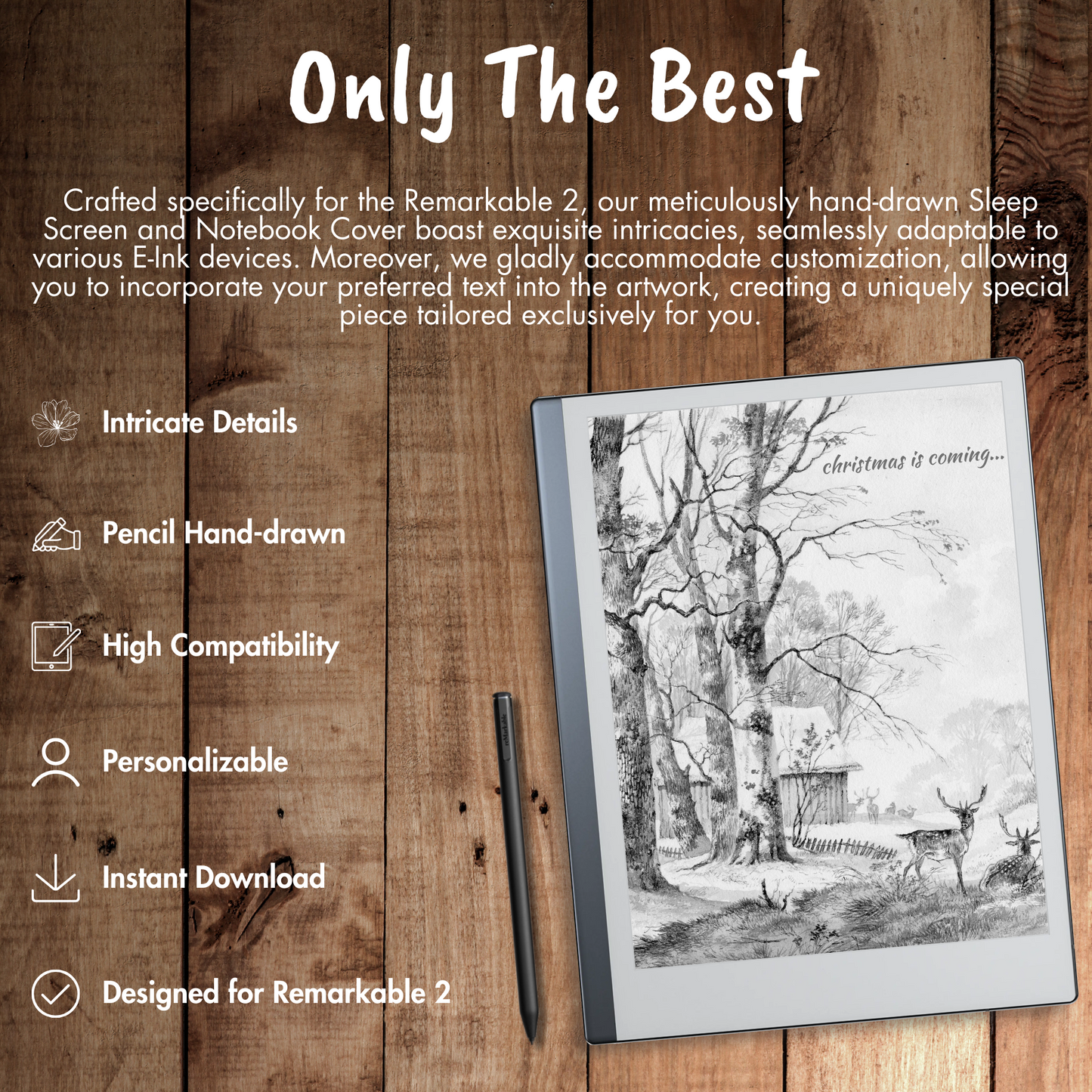 Elevate your Christmas cheer with our PREMIUM Remarkable 2 Sleep Screen & Notebook Cover Artwork. Instantly download personalized, intricately detailed hand-drawn images that beautifully capture the enchantment of the season. Customize your sleep experience with heartwarming scenes, ensuring a cozy and delightful rest during this joyful time of the year.