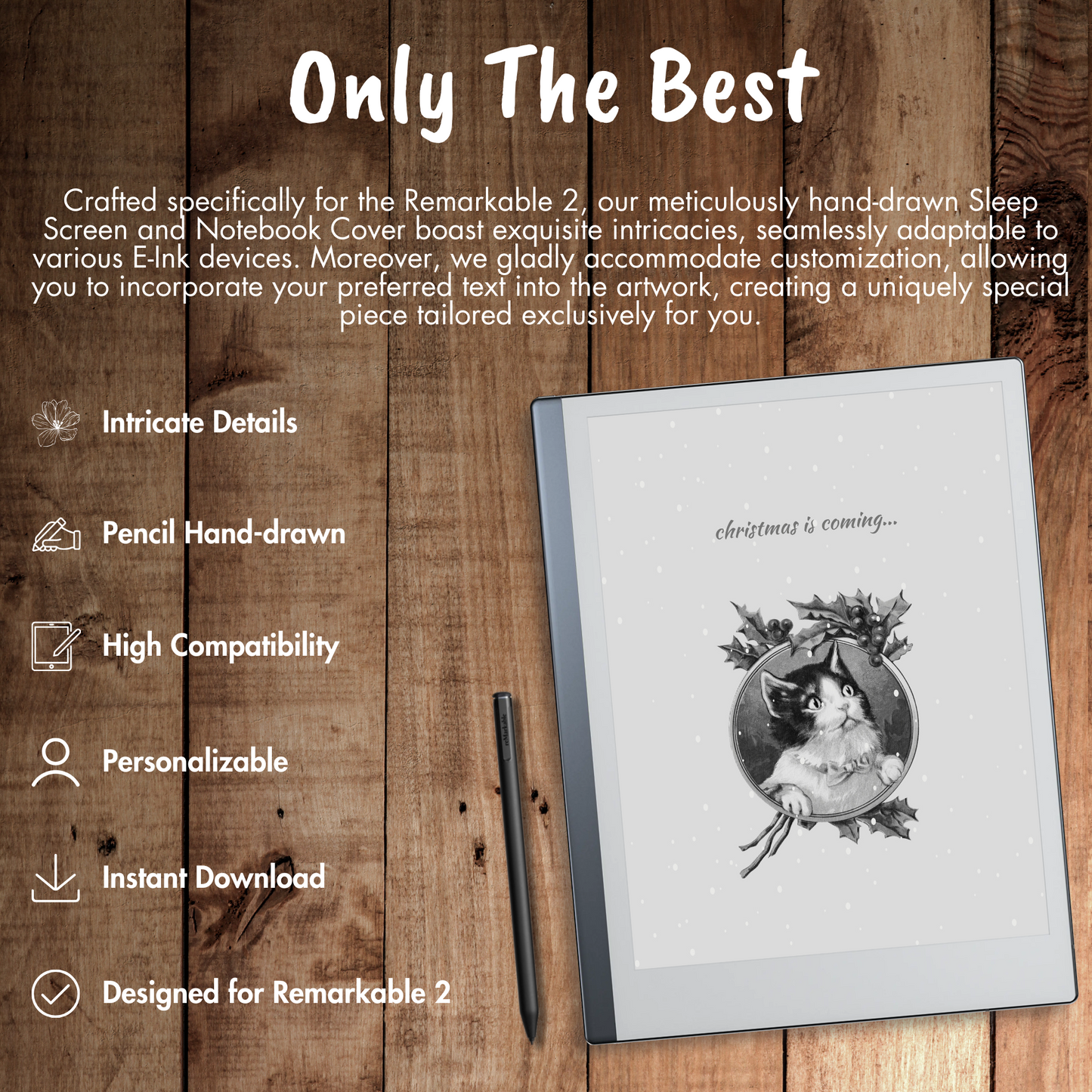 Elevate your Christmas cheer with our PREMIUM Remarkable 2 Sleep Screen & Notebook Cover Artwork. Instantly download personalized, intricately detailed hand-drawn images that beautifully capture the enchantment of the season. Customize your sleep experience with heartwarming scenes, ensuring a cozy and delightful rest during this joyful time of the year.