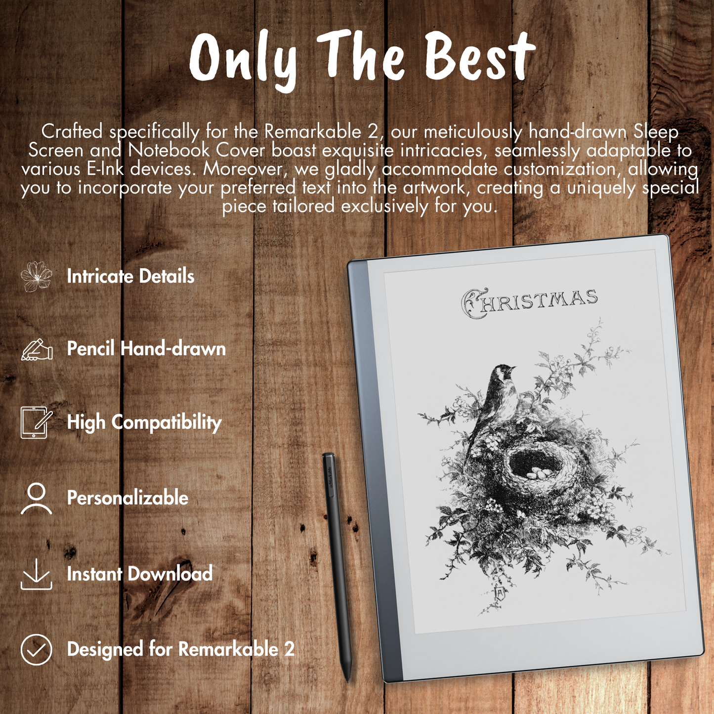 Elevate your Christmas cheer with our PREMIUM Remarkable 2 Sleep Screen & Notebook Cover Artwork. Instantly download personalized, intricately detailed hand-drawn images that beautifully capture the enchantment of the season. Customize your sleep experience with heartwarming scenes, ensuring a cozy and delightful rest during this joyful time of the year.