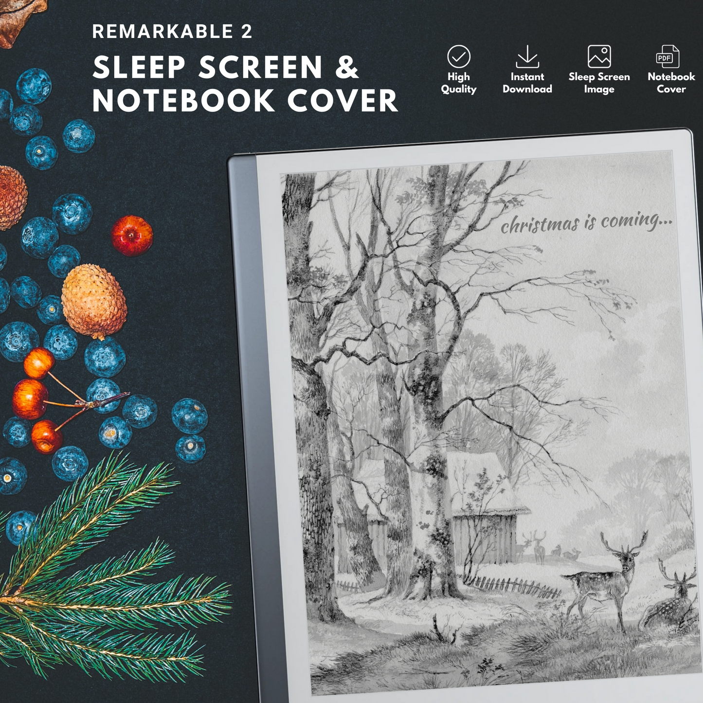 This is a Digital Download of Christmas Sleep Screen and Notebook Cover designed exclusively for Remarkable 2.