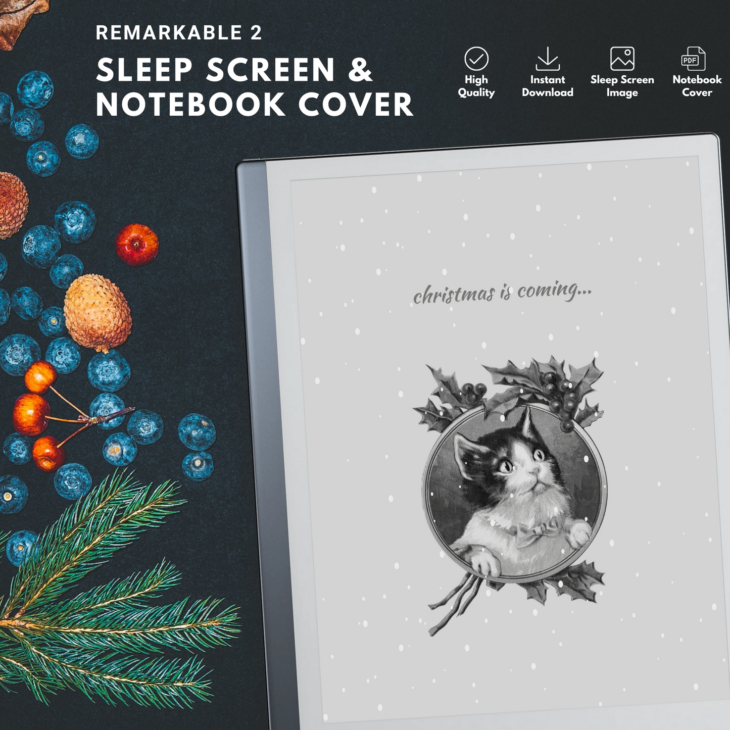 This is a Digital Download of Christmas Sleep Screen and Notebook Cover designed exclusively for Remarkable 2.
