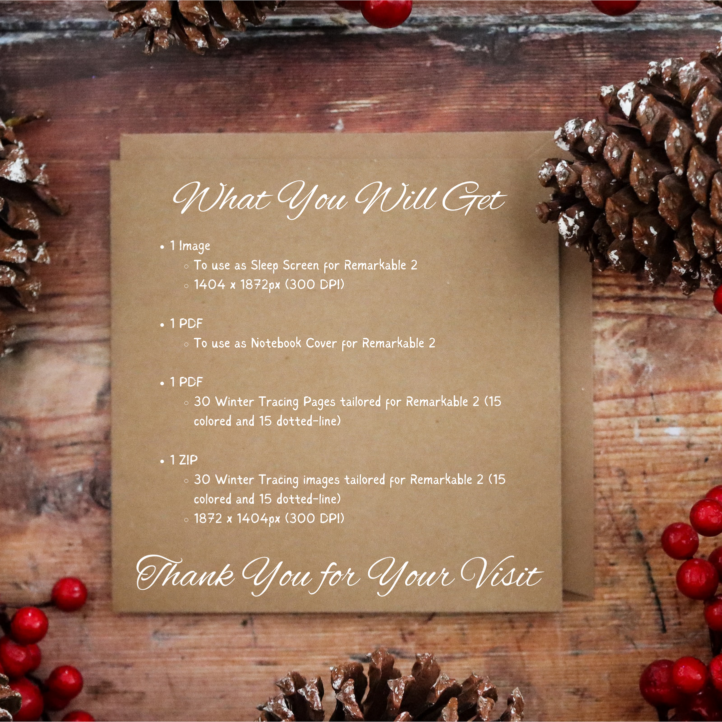 You will get 1 Image file to use as Sleep Screen Cover, 1 PDF file to use as Notebook Cover, 1 PDF file with 15 Christmas Tracing Pages and 1 ZIP file with 15 Christmas Tracing Pages (300 DPI).