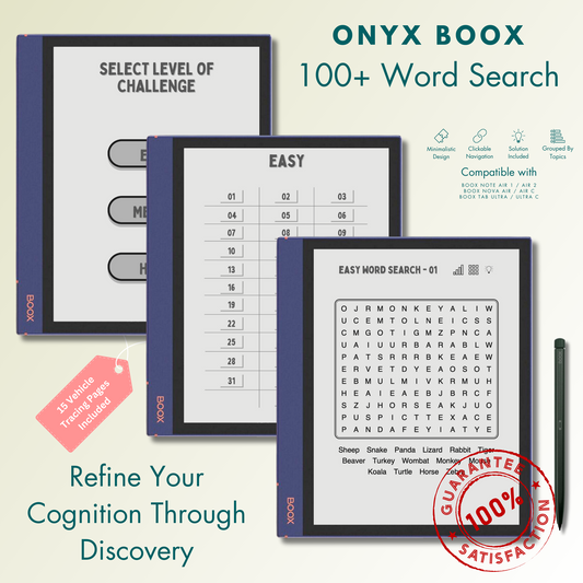 This is a Digital Download of 100+ Word Search Puzzles in 3 different levels tailored for Onyx Boox. Compatible with Boox Note Air 1, Boox Note Air 2, Boox Note Air Plus, Boox Nova Air, Boox Nova Air C, Boox Tab Ultra and Boox Tab Ultra C.