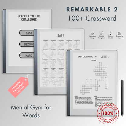 This is a Digital Download of 100+ Crossword Puzzles in 3 different levels tailored for Remarkable 2.