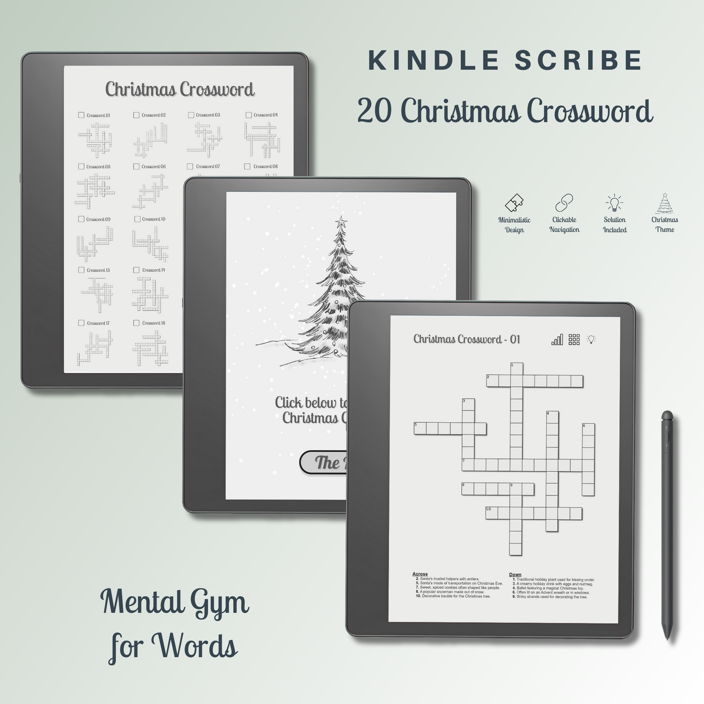 This is a Digital Download of 20 Christmas Crossword Puzzles designed for Kindle Scribe.
