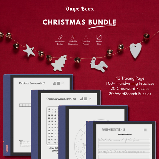This is a Digital Bundle which includes Christmas Tracing Pages, Christmas Handwriting Practices, Christmas Crossword Puzzles, and Christmas Word Search Challenges tailored for Onyx Boox. Compatible with Boox Note Air 1, Boox Note Air 2, Boox Note Air Plus, Boox Nova Air, Boox Nova Air C, Boox Tab Ultra and Boox Tab Ultra C.