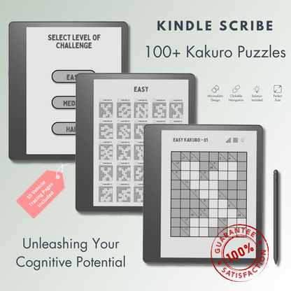 This is a Digital Download of 100+ Kakuro Puzzles in 3 different levels tailored for Kindle Scribe.