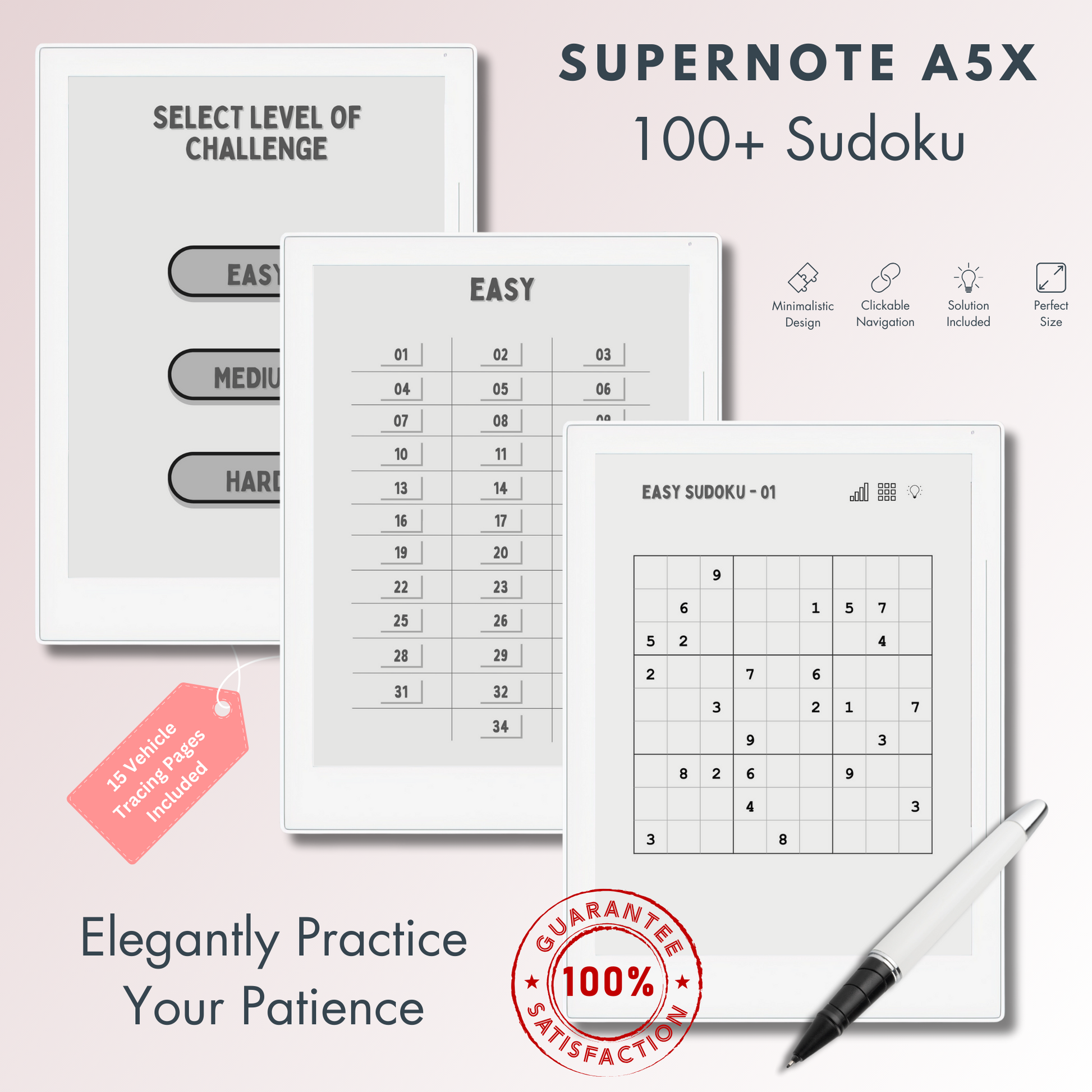 This is a Digital Download of 100+ Sudoku Puzzles in 3 different levels tailored for Supernote A5X and A6X. Compatible with Supernote A5X and A6X.