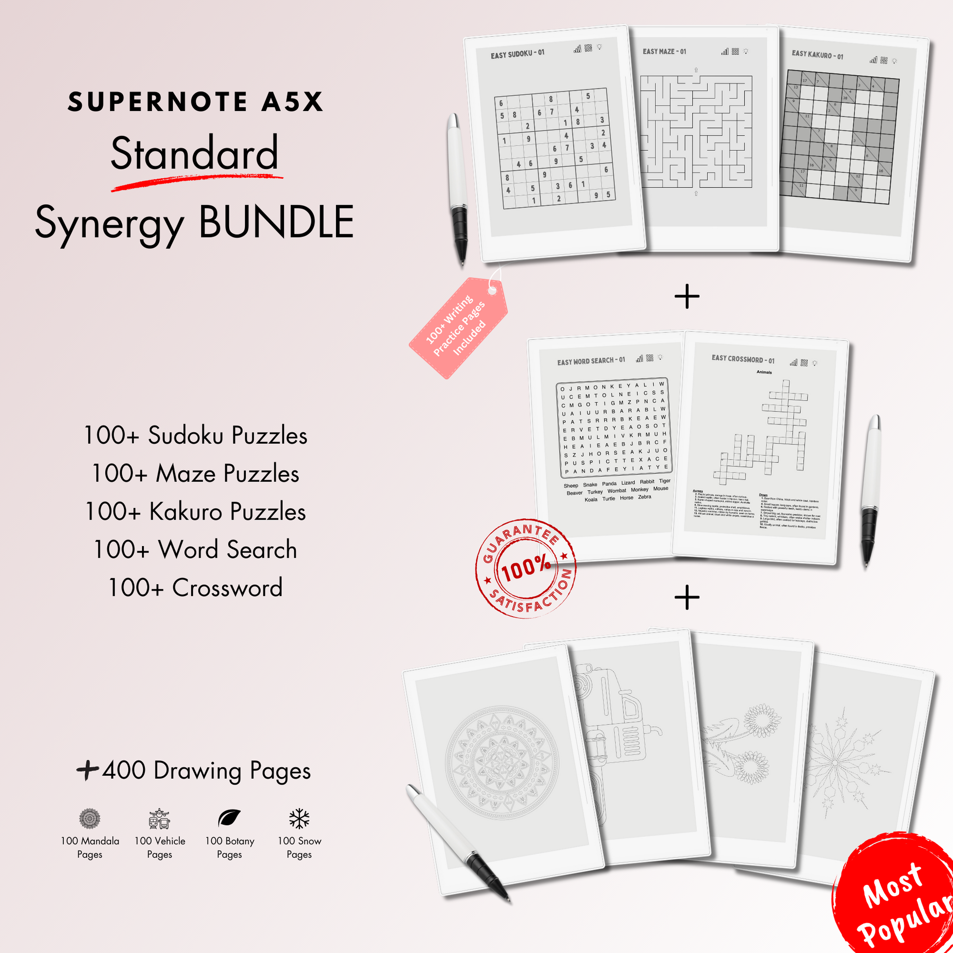 This is a Digital Bundle which includes Sudoku, Mazes, Kakuro, Word Search and Crossword Puzzles tailored for Supernote A5X and A6X.