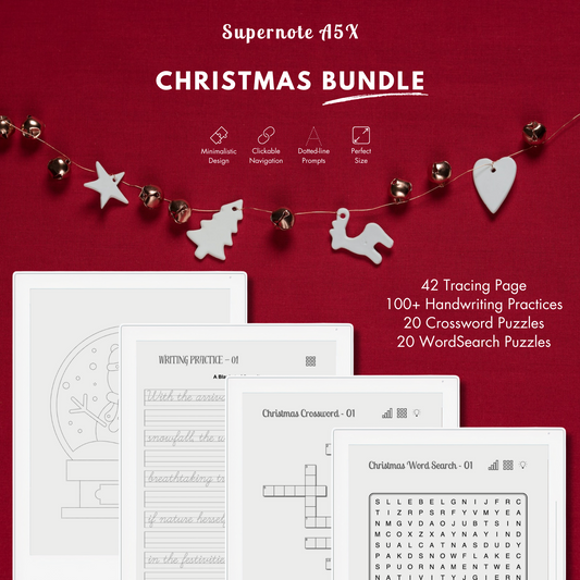 This is a Digital Bundle which includes Christmas Tracing Pages, Christmas Handwriting Practices, Christmas Crossword Puzzles, and Christmas Word Search Challenges tailored for Supernote A5X and A6X.