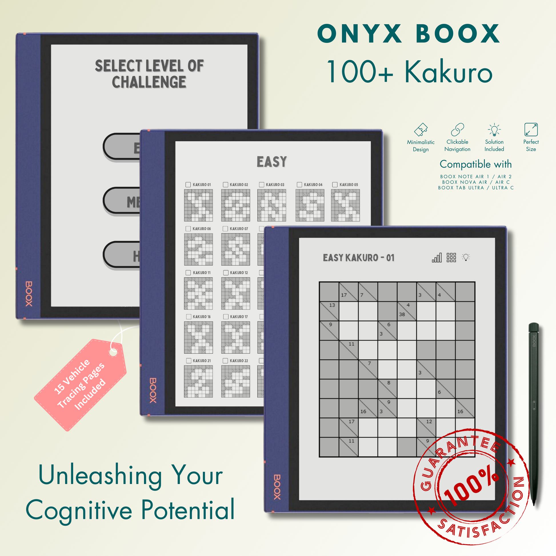 This is a Digital Download of 100+ Kakuro Puzzles in 3 different levels tailored for Onyx Boox. Compatible with Boox Note Air 1, Boox Note Air 2, Boox Note Air Plus, Boox Nova Air, Boox Nova Air C, Boox Tab Ultra and Boox Tab Ultra C.