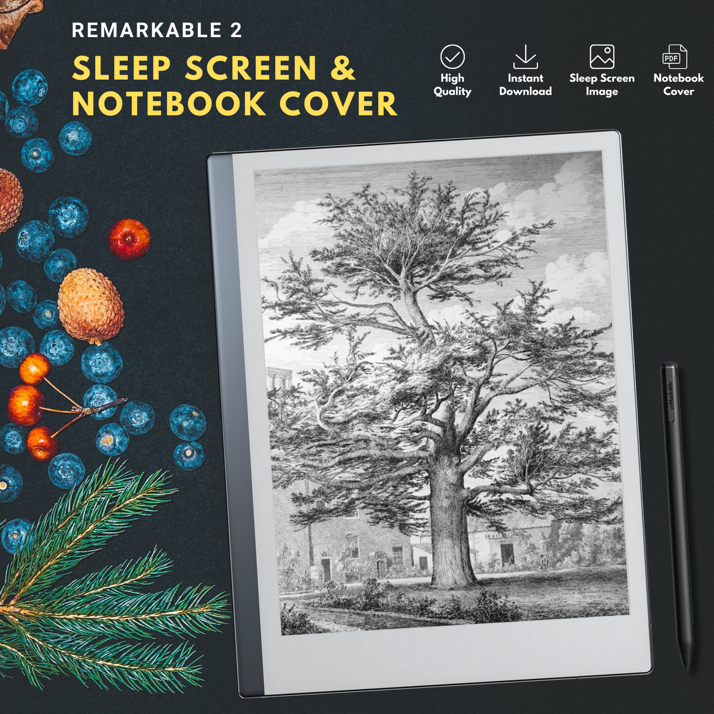 Remarkable 2 Sleep Screen & Notebook Cover Artwork - Handmade Tree Sketches with a Unique Touch