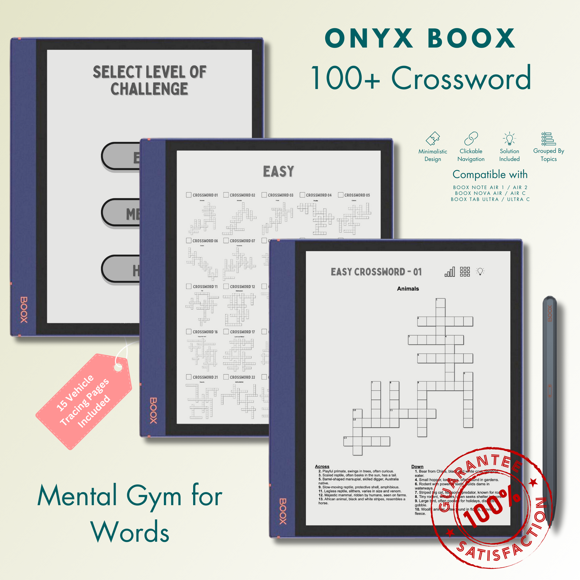 This is a Digital Download of 100+ Crossword Puzzles in 3 different levels tailored for Onyx Boox. Compatible with Boox Note Air 1, Boox Note Air 2, Boox Note Air Plus, Boox Nova Air, Boox Nova Air C, Boox Tab Ultra and Boox Tab Ultra C.
