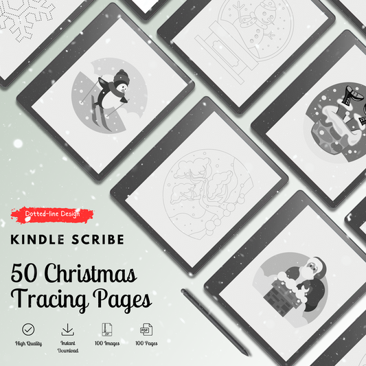 This is a Digital Download of 100 Winter-Centric Dotted-Line Tracing Pages meticulously designed for Kindle Scribe.