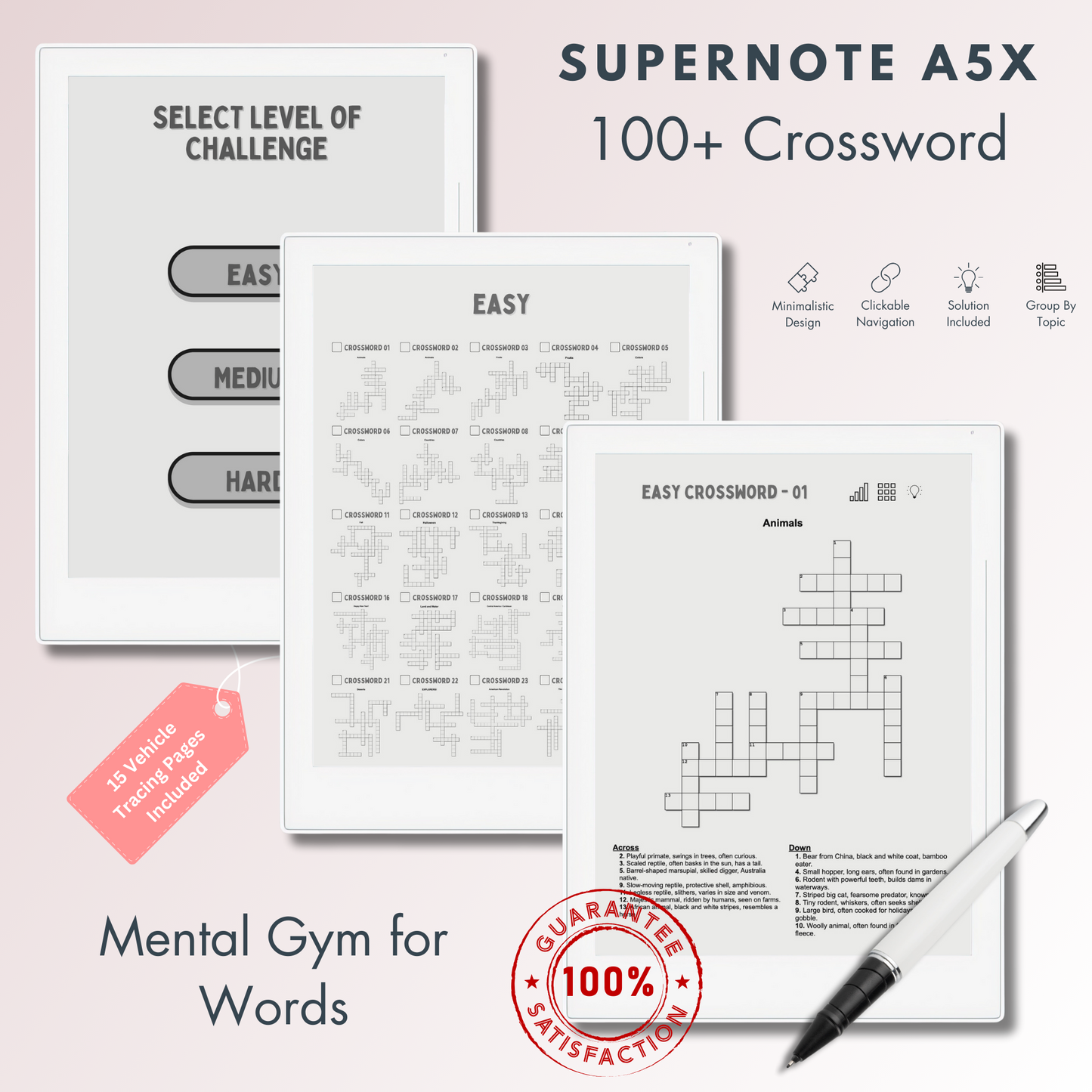 This is a Digital Download of 100+ Crossword Puzzles in 3 different levels tailored for Supernote A5X and A6X.