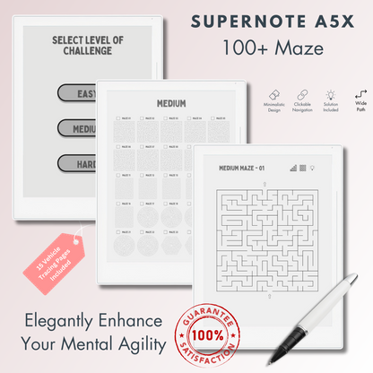 This is a Digital Download of 100+ Maze Puzzles in 3 different levels tailored for Supernote A5X and A6X. Compatible with Supernote A5X and A6X.