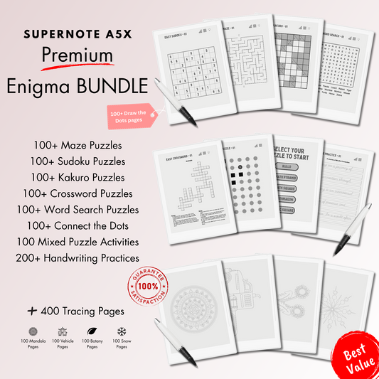This is a Digital Bundle which includes the puzzles of 100+ Sudoku, 100+ Mazes, 100+ Kakuro, 100+ Word Search, 100+ Crossword, 100+ Connect the Dots, 100 Mixed Puzzles of various activities and 200+ Handwriting Practices tailored for Supernote A5X and A6X.
