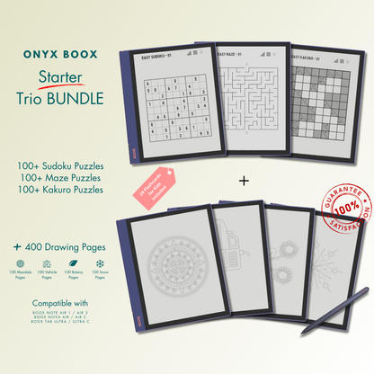 This is a Digital Bundle which includes Sudoku, Mazes and Kakuro Puzzles tailored for Onyx Boox. Compatible with Boox Note Air 1, Boox Note Air 2, Boox Note Air Plus, Boox Nova Air, Boox Nova Air C, Boox Tab Ultra and Boox Tab Ultra C.
