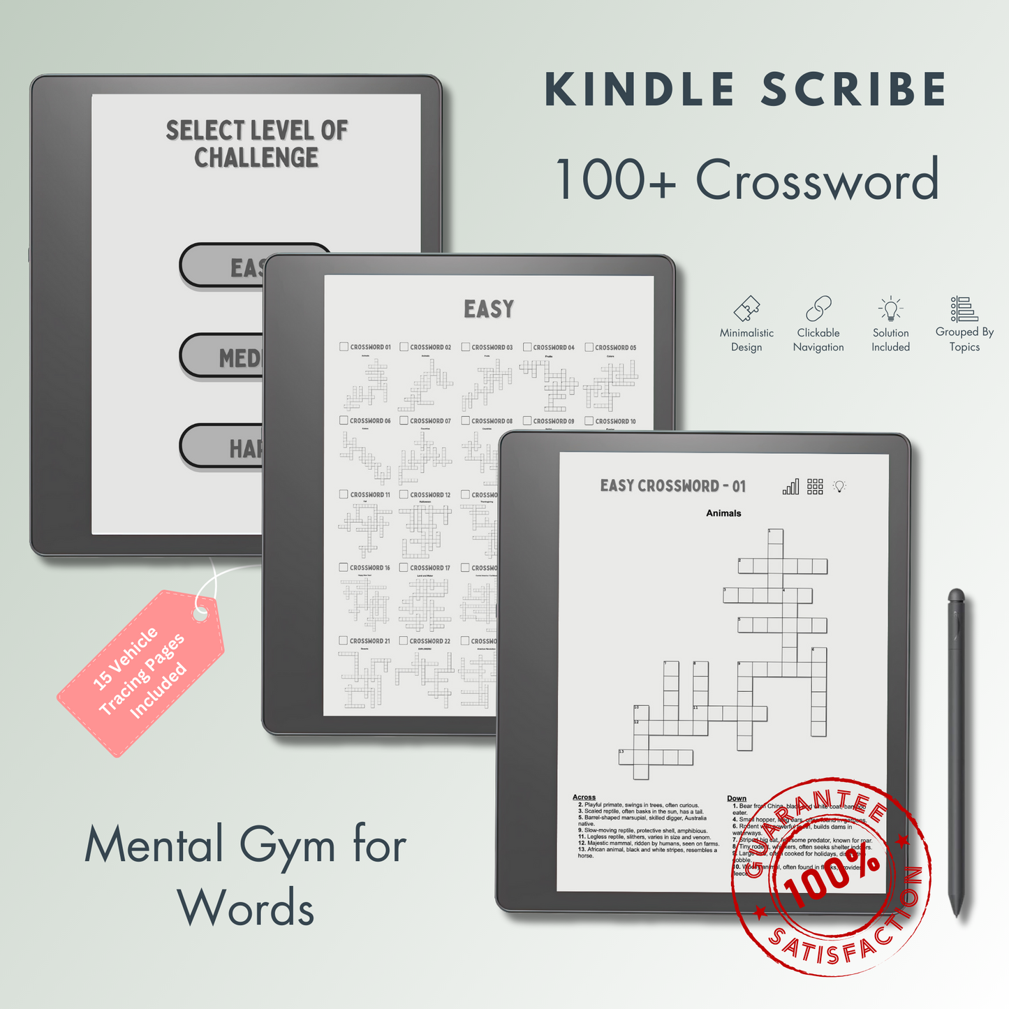 This is a Digital Download of 100+ Crossword Puzzles in 3 different levels tailored for Kindle Scribe.