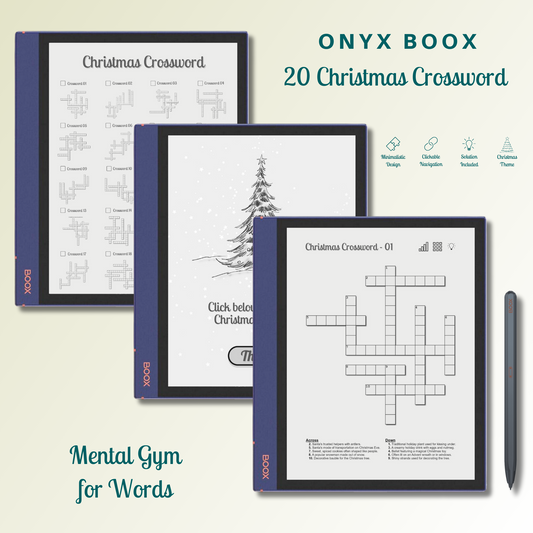 This is a Digital Download of 20 Christmas Crossword Puzzles designed for Onyx Boox. Compatible with Boox Note Air 1, Boox Note Air 2, Boox Note Air Plus, Boox Nova Air, Boox Nova Air C, Boox Tab Ultra and Boox Tab Ultra C.