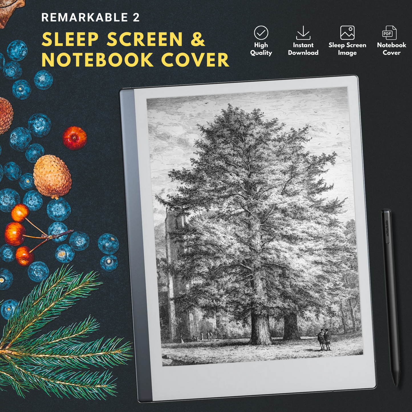 Remarkable 2 Sleep Screen & Notebook Cover Artwork - Artistic Foliage Drawings Created by Hand