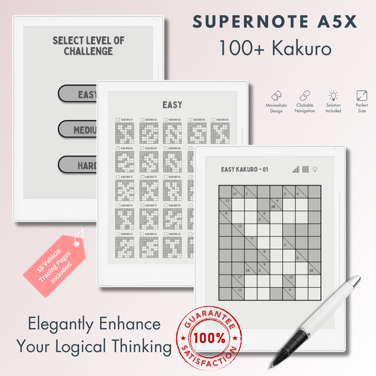 This is a Digital Download of 100+ Kakuro Puzzles in 3 different levels tailored for Supernote A5X and A6X.