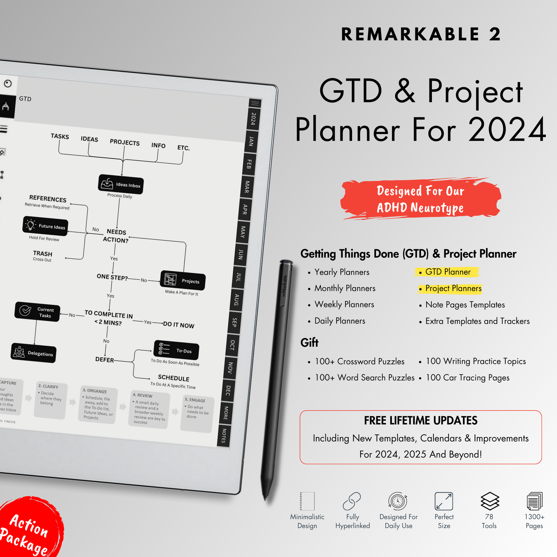 Getting Things Done and Project Planner 2024 for Remarkable 2.