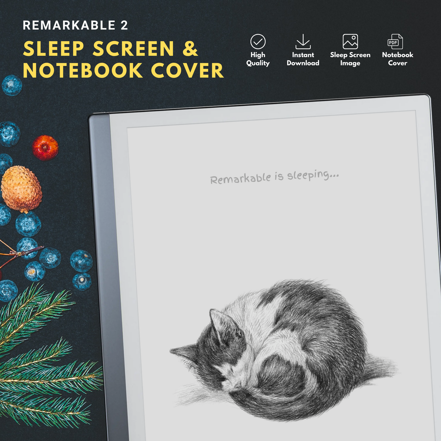 Remarkable 2 Sleep Screen & Notebook Cover Artwork - Hand-drawn Adorable Sleeping Cat