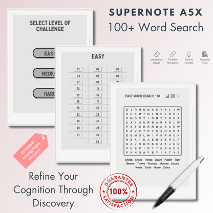 This is a Digital Download of 100+ Word Search Puzzles in 3 different levels tailored for Supernote A5X and A6X.
