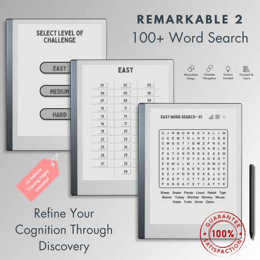 This is a Digital Download of 100+ Word Search Puzzles in 3 different levels tailored for Remarkable 2.