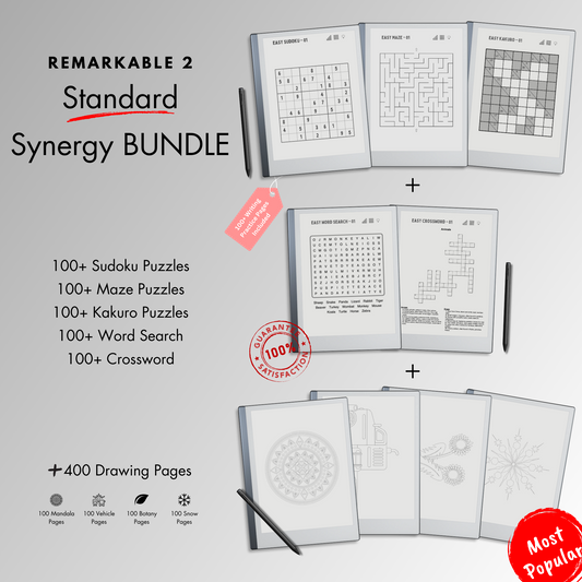 This is a Digital Bundle which includes Sudoku, Mazes, Kakuro, Word Search and Crossword Puzzles tailored for Remarkable 2.