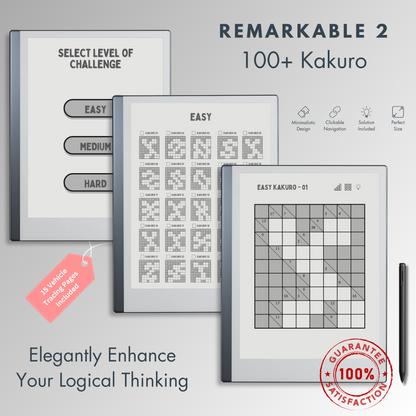 This is a Digital Download of 100+ Kakuro Puzzles in 3 different levels tailored for Remarkable 2.