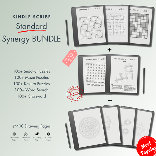 This is a Digital Bundle which includes Sudoku, Mazes, Kakuro, Word Search and Crossword Puzzles tailored for Kindle Scribe.