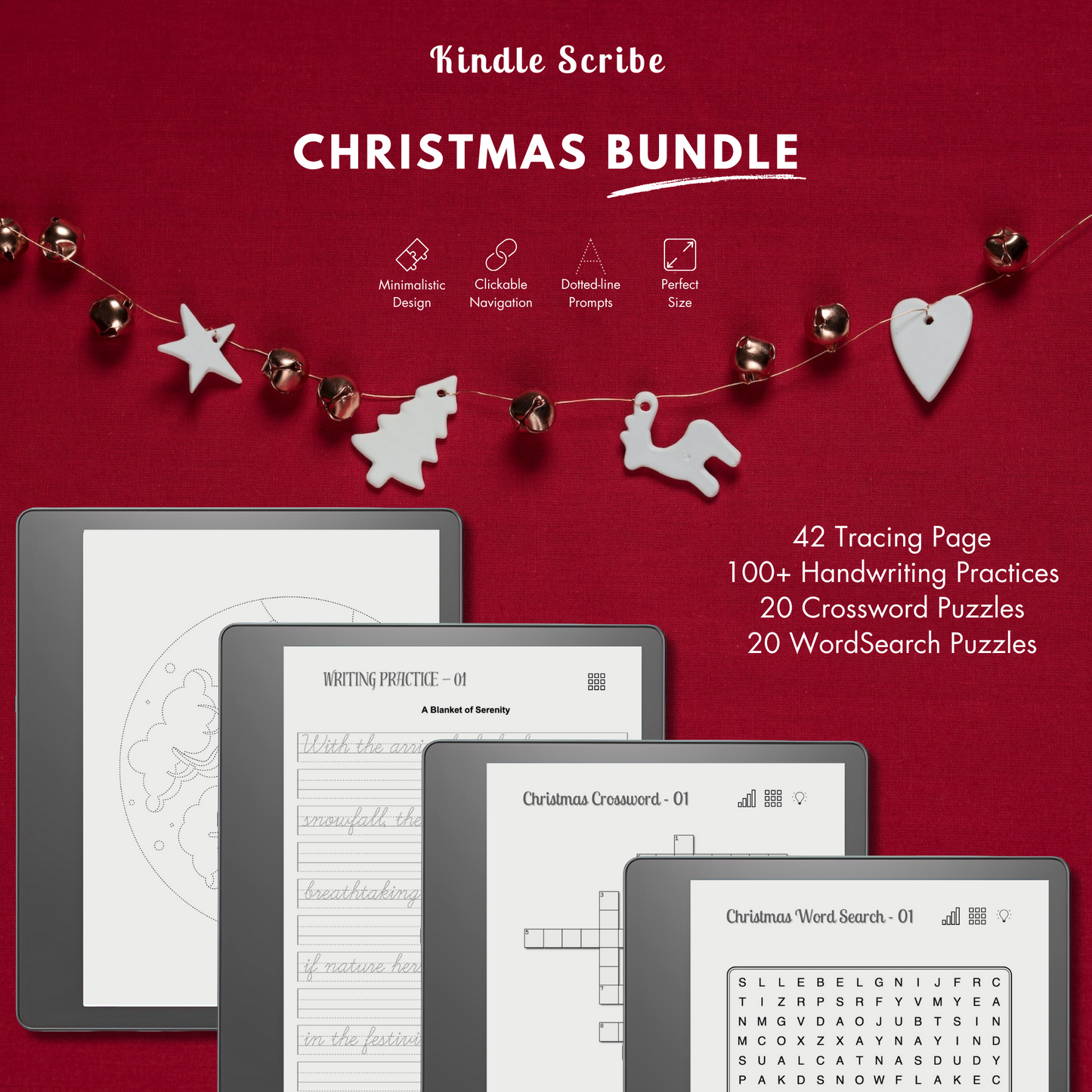 This is a Digital Bundle which includes Christmas Tracing Pages, Christmas Handwriting Practices, Christmas Crossword Puzzles, and Christmas Word Search Challenges tailored for Kindle Scribe.