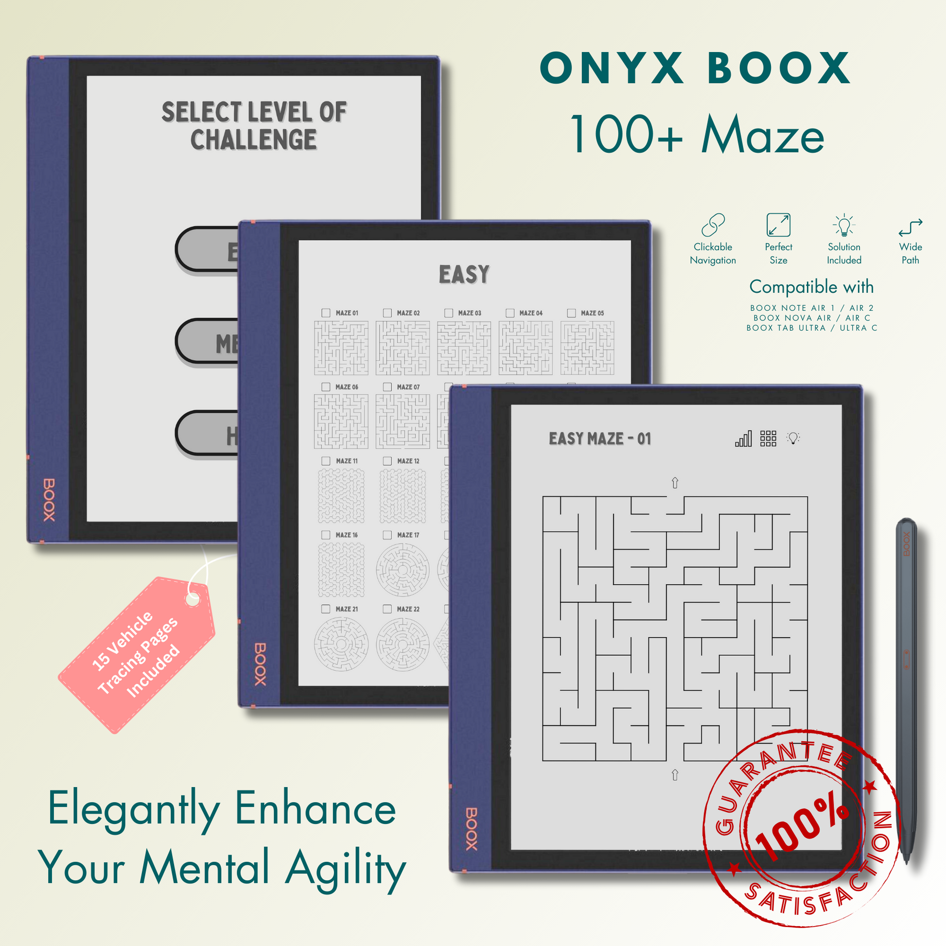 This is a Digital Download of 100+ Maze Puzzles in 3 different levels tailored for Onyx Boox. Compatible with Boox Note Air 1, Boox Note Air 2, Boox Note Air Plus, Boox Nova Air, Boox Nova Air C, Boox Tab Ultra and Boox Tab Ultra C.