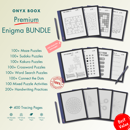 This is a Digital Bundle which includes the puzzles of 100+ Sudoku, 100+ Mazes, 100+ Kakuro, 100+ Word Search, 100+ Crossword, 100+ Connect the Dots, 100 Mixed Puzzles of various activities and 200+ Handwriting Practices tailored for Onyx Boox. Compatible with Boox Note Air 1, Boox Note Air 2, Boox Note Air Plus, Boox Nova Air, Boox Nova Air C, Boox Tab Ultra and Boox Tab Ultra C.