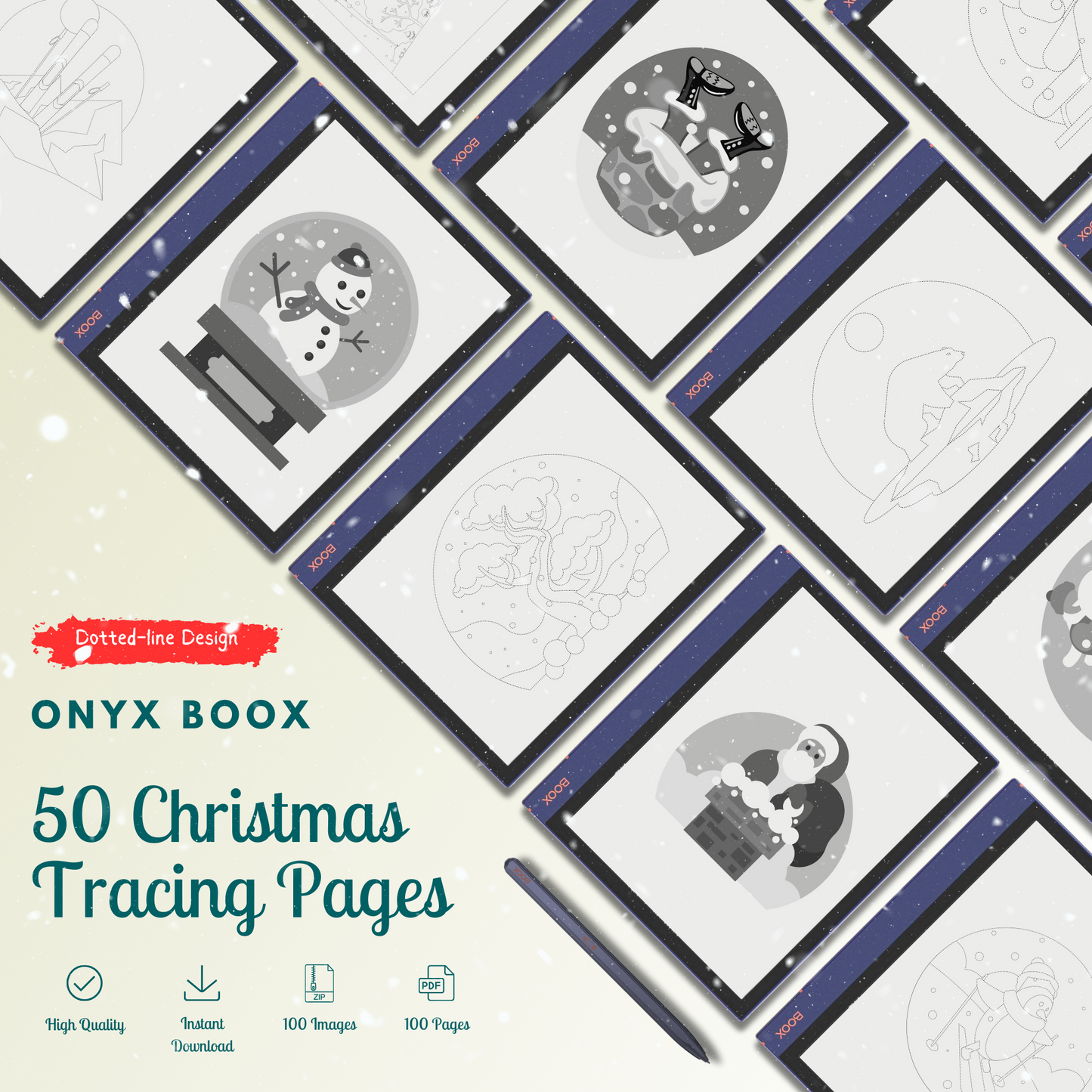 This is a Digital Download of 100 Winter-Centric Dotted-Line Tracing Pages meticulously designed for Onyx Boox. Compatible with Boox Note Air 1, Boox Note Air 2, Boox Note Air Plus, Boox Nova Air, Boox Nova Air C, Boox Tab Ultra and Boox Tab Ultra C.