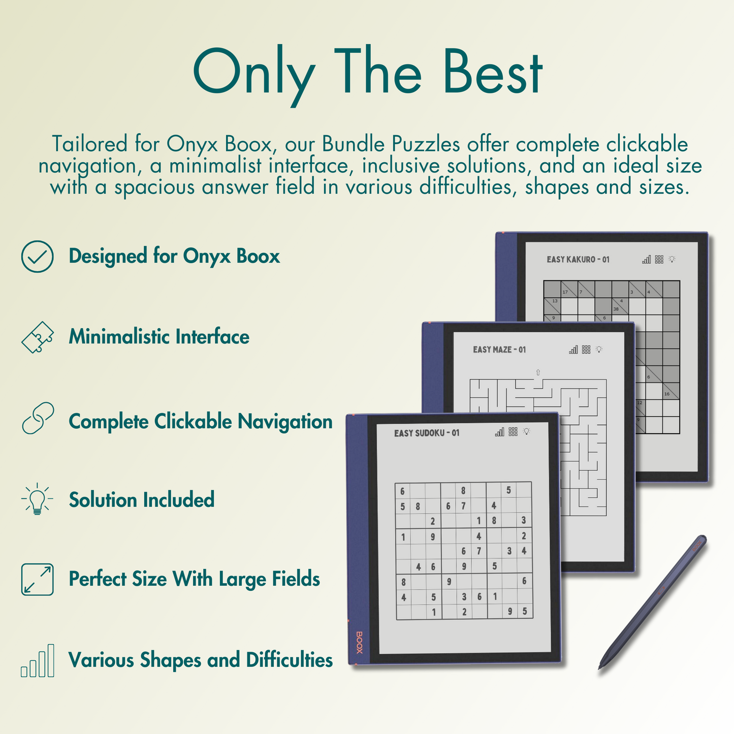 The Bundle offer complete clickable navigation, a minimalist interface, inclusive solutions, and an ideal size with a spacious answer field in various difficulties, shapes and sizes for Onyx Boox e-ink screen.